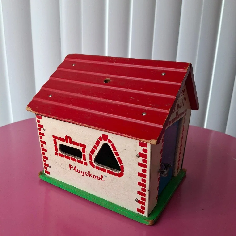Vintage Playskool The House Jack Built Wooden Toy Shape Sorter House Mid Century
